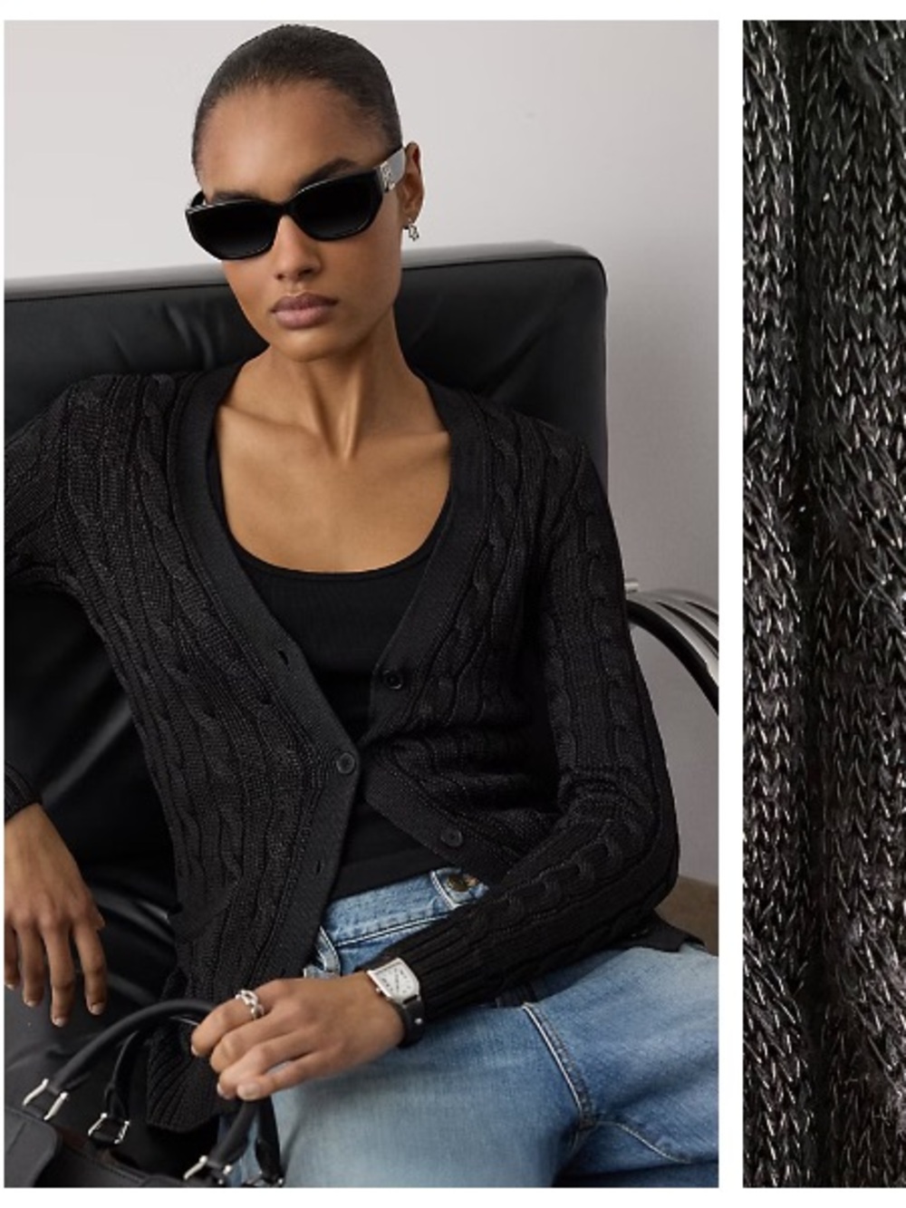 Lauren Ralph Lauren Black Label Metallic Cable Knit Cardigan Sweater Large